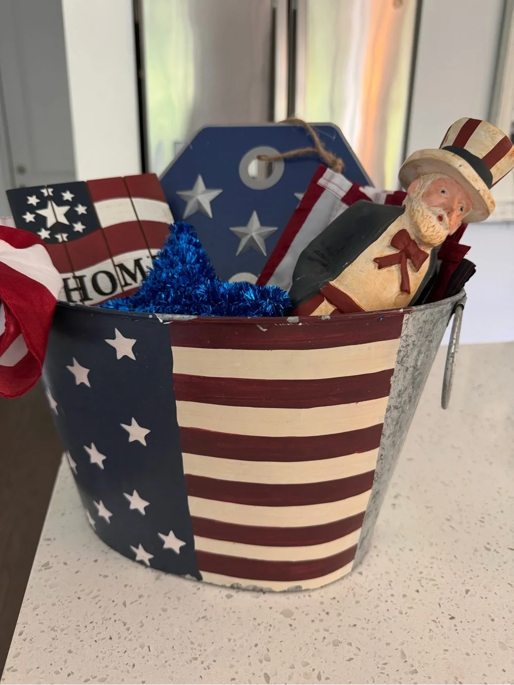Patriotic Blue and Red Americana Decorative Bucket - Home Accents